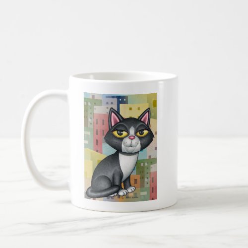 Cute Tuxedo Cat with Cityscape Coffee Mug