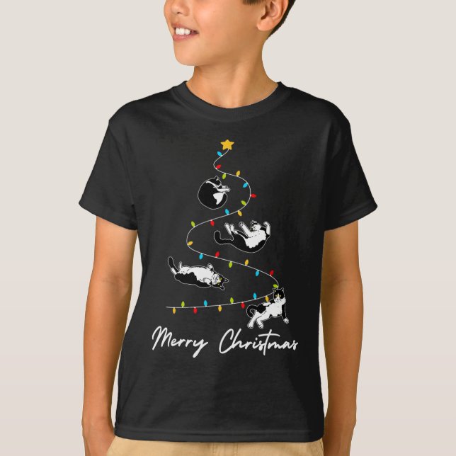 Cute Tuxedo Cats Christmas Tree Lights Owner Cat L T-Shirt (Front)