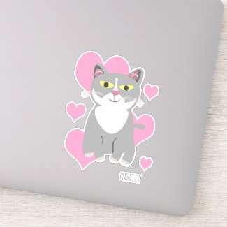 Cute Tuxedo Grey Cat Hearts Fun Pet Cartoon