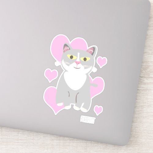 Cute Tuxedo Grey Cat Hearts Fun Pet Cartoon Sticker