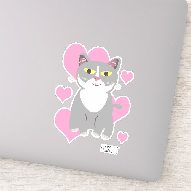 Cute Tuxedo Grey Cat Hearts Fun Pet Cartoon Sticker (Detail)