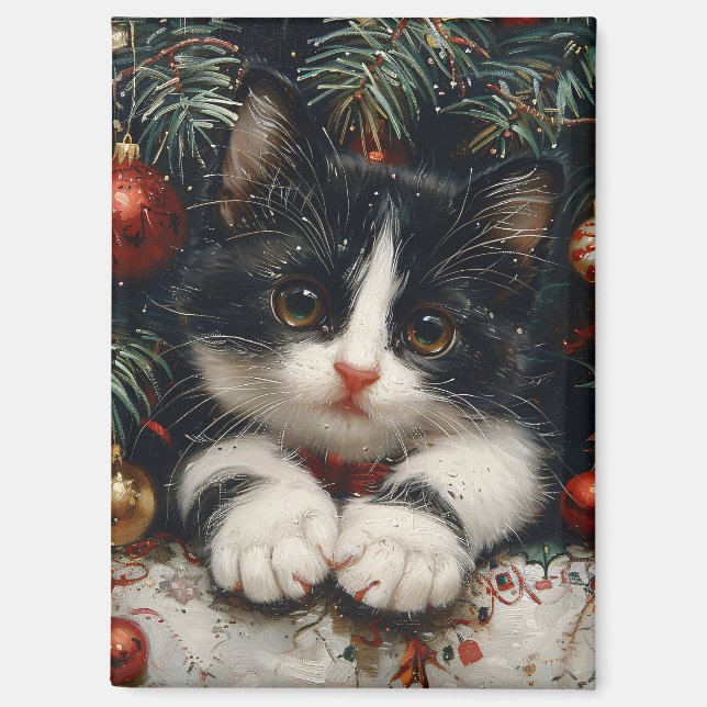 Cute Tuxedo Kitten Christmas Cat Art Magnet (Front)