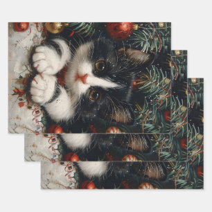 Cute Tuxedo Kitten Christmas Cat Art Wrapping Paper Sheets