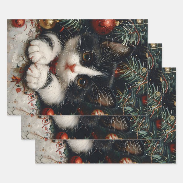 Cute Tuxedo Kitten Christmas Cat Art Wrapping Paper Sheets (Set)