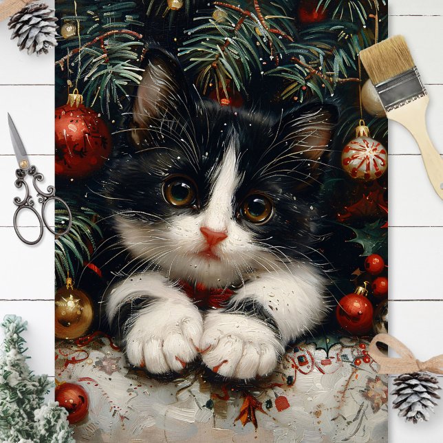 Cute Tuxedo Kitten Christmas Cat Decoupage Tissue Paper (Creator Uploaded)
