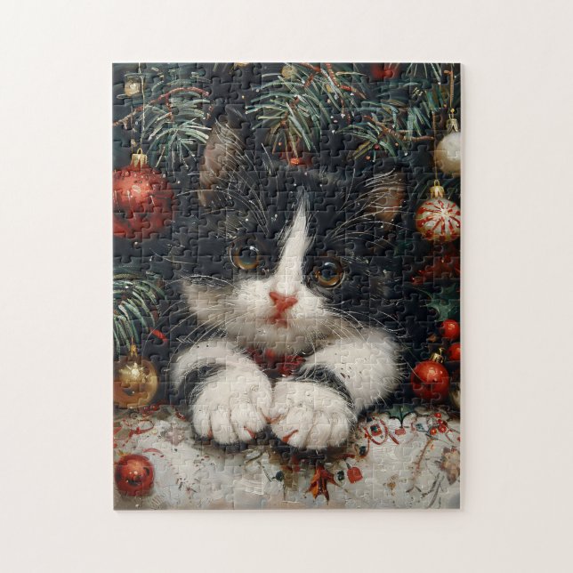 Cute Tuxedo Kitten Christmas Cat Jigsaw Puzzle (Vertical)