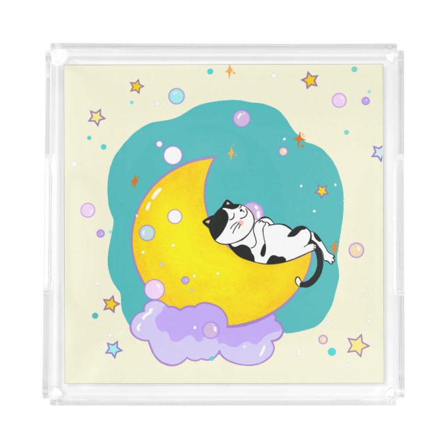 Cute Tuxedo Kitty Cat Sleeping On Moon Acrylic Tray (Front)