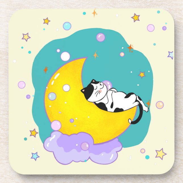 Cute Tuxedo Kitty Cat Sleeping On Moon Beverage Coaster (Front)