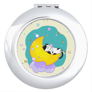 Cute Tuxedo Kitty Cat Sleeping On Moon Compact Mirror