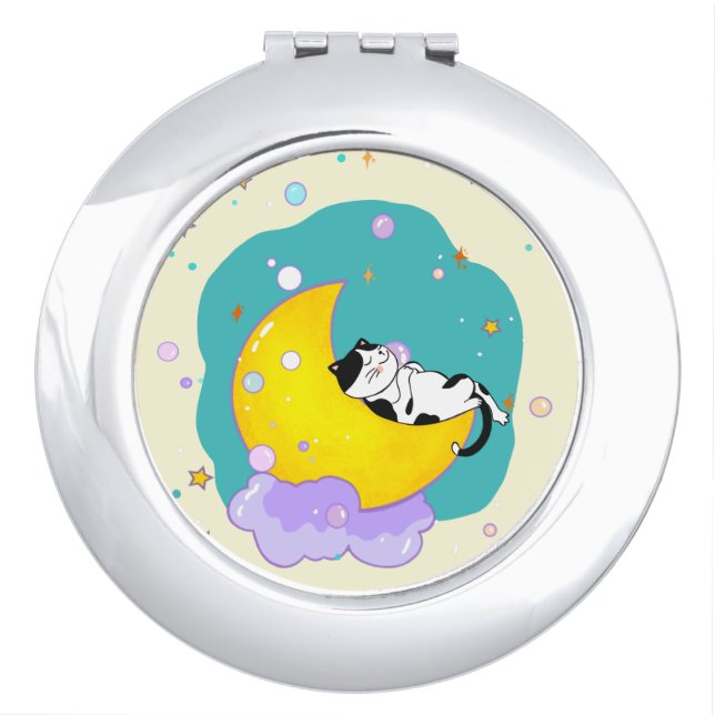 Cute Tuxedo Kitty Cat Sleeping On Moon Compact Mirror (Front)
