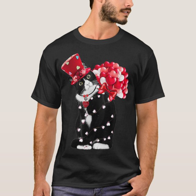 Cute Tuxedo Valentines Day Hearts Balloon For Cat  T-Shirt (Front)