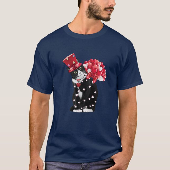 Cute Tuxedo Valentines Day Hearts Balloon For Cat T-Shirt (Front)