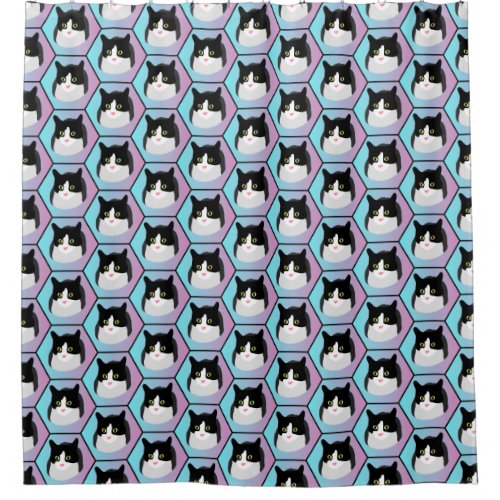 Cute Tuxie Cat on Blue and Pink Gradient Hexagons Shower Curtain