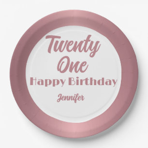 Cute Twenty One  Rose Gold  Script Happy Birthday  Paper Plates
