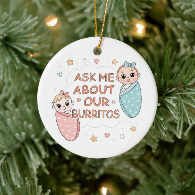 Cute Twin Baby Burrito Announcement Illustration Ceramic Ornament (Tree)