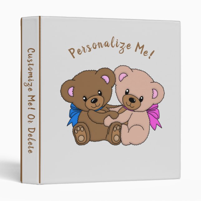 Cute Twin Baby Teddy Bears Girl Boy Personalized 3 Ring Binder (Front/Spine)
