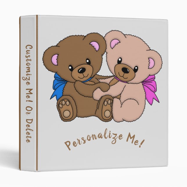 Cute Twin Baby Teddy Bears Personalized 3 Ring Binder (Front/Spine)