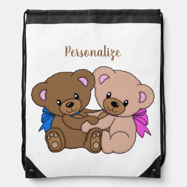 Cute Twin Baby Teddy Bears Personalized Drawstring Bag (Front)