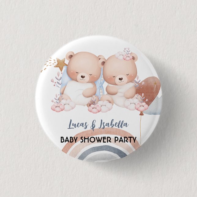 Cute twin bear star balloon baby shower party button (Front)