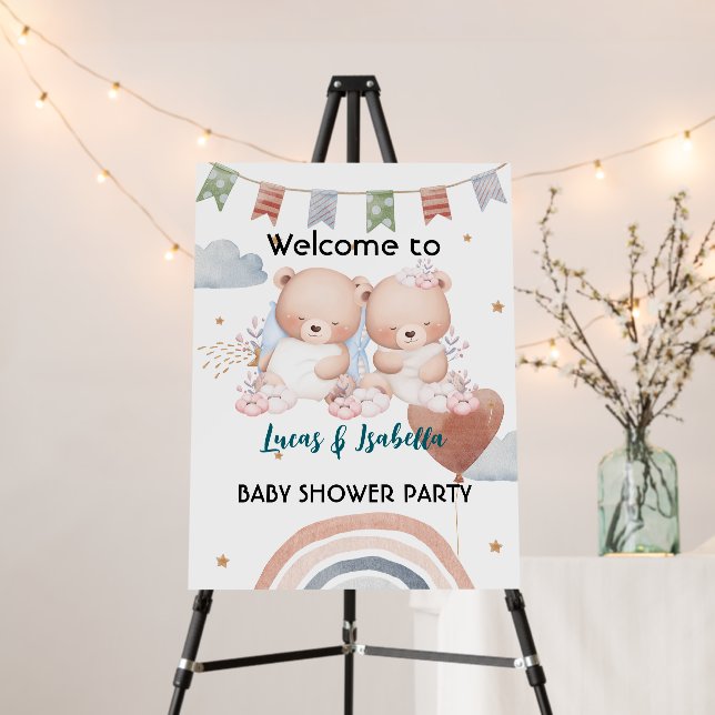Cute twin bear star balloon baby shower party foam board (In Situ (Stand))