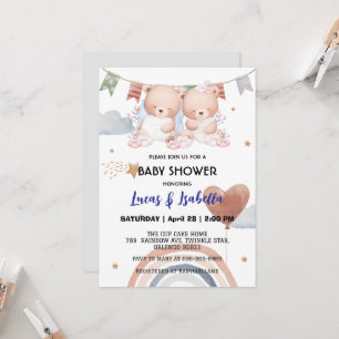 Cute twin bear star balloon baby shower party invitation