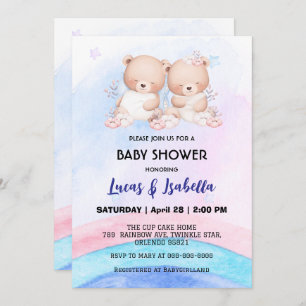 Cute twin bear star balloon baby shower party invitation
