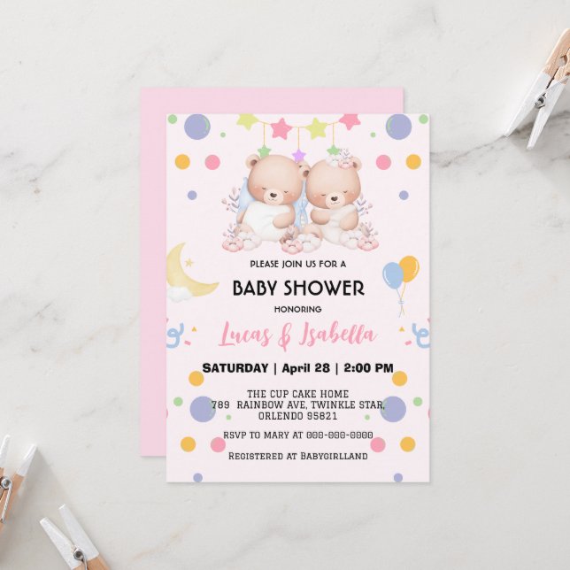 Cute twin bear star balloon baby shower party invitation (Front/Back In Situ)