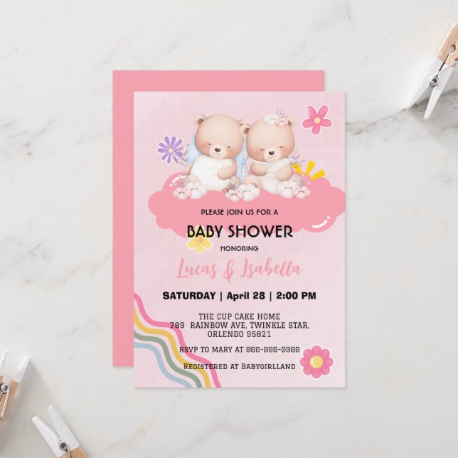Cute twin bear star balloon baby shower party invitation (Front/Back In Situ)