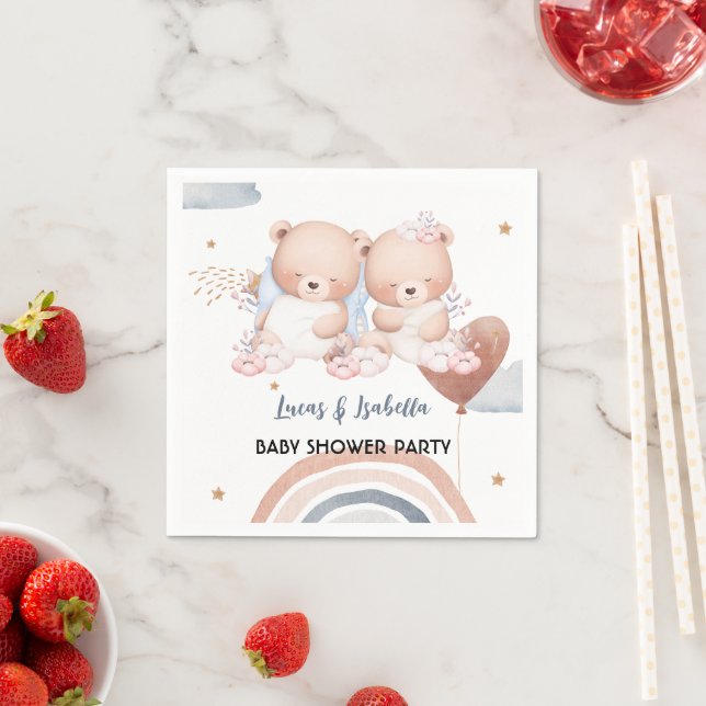Cute twin bear star balloon baby shower party napkins (Insitu)