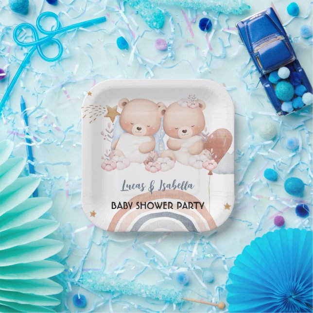 Cute twin bear star balloon baby shower party paper plates (Party)