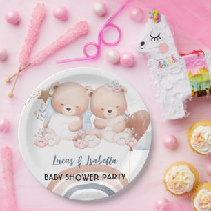 Cute twin bear star balloon baby shower party paper plates