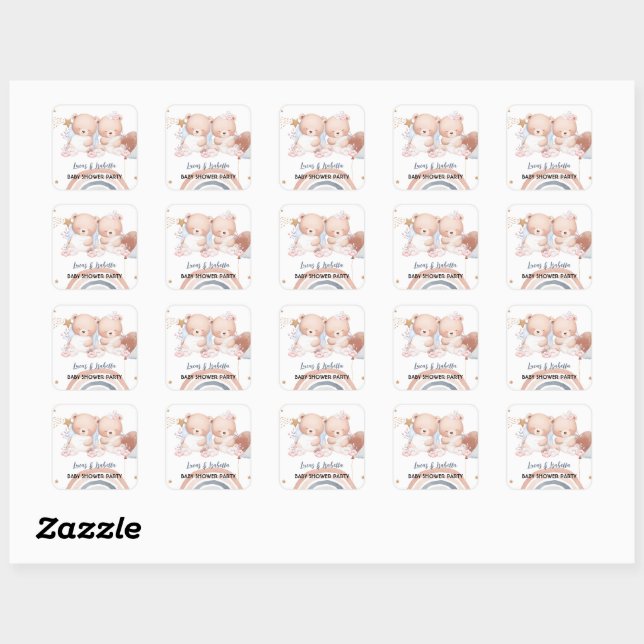 Cute twin bear star balloon baby shower party square sticker (Sheet)