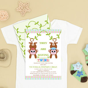 Cute Twin Boy and Girl Monkey Baby Shower Invitation