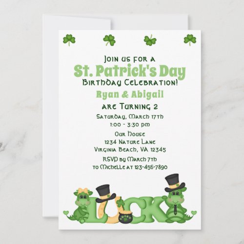 Cute Twin Boy and Girl St Patricks Day Birthday Invitation