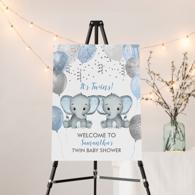 Cute Twin Boy Elephant Balloons Baby Shower Foam Board (In Situ (Stand))