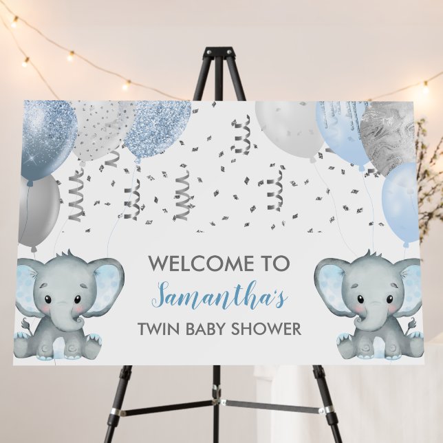 Cute Twin Boy Elephant Balloons Baby Shower Foam Board (In Situ (Stand))