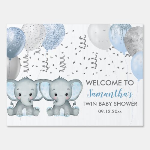 Cute Twin Boy Elephant Balloons Baby Shower Sign