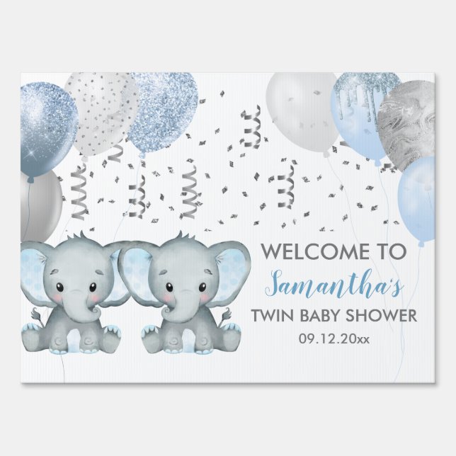 Cute Twin Boy Elephant Balloons Baby Shower Sign (Front)