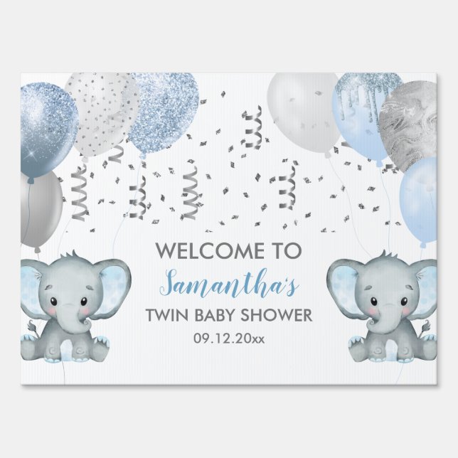 Cute Twin Boy Elephant Balloons Baby Shower Sign (Front)
