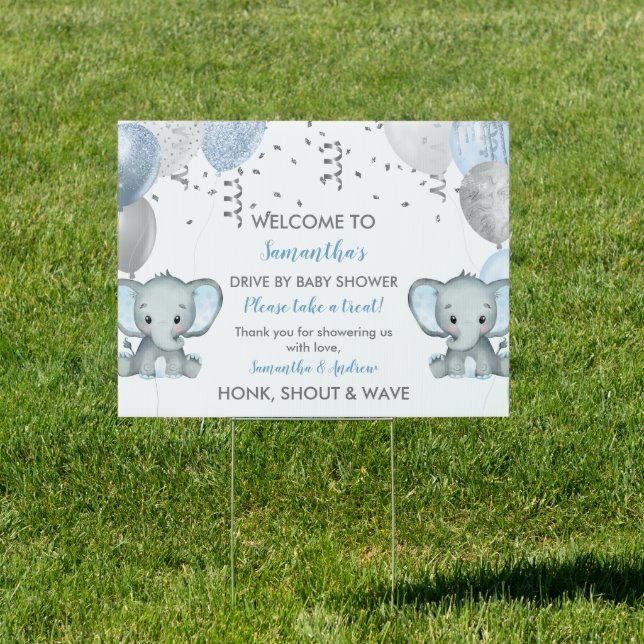 Cute Twin Boy Elephant Balloons Baby Shower Sign (Insitu)