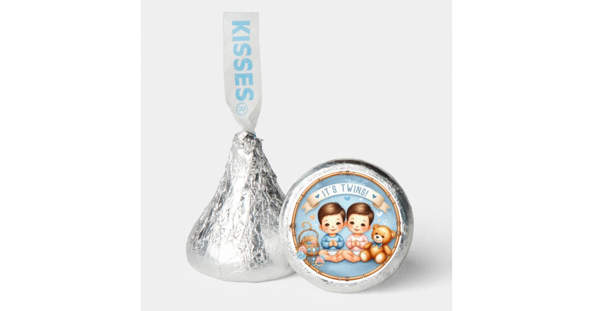 Cute Twin Boys Baby Shower Watercolor Teddy Bear Hershey®'s Kisses ...