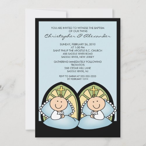 Cute Twin Boys Baptism Christening Inviation Personalized Announcement