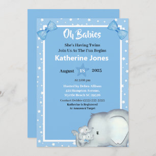 Cute Twin Boys Elephant Baby Shower Invitations