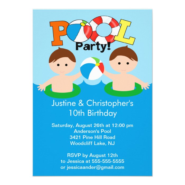 CUTE Twin Boys Pool Party Birthday Invitation