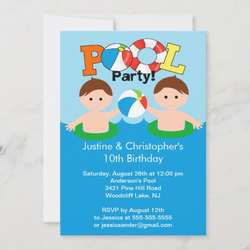 CUTE Twin Boys Pool Party Birthday Invitation