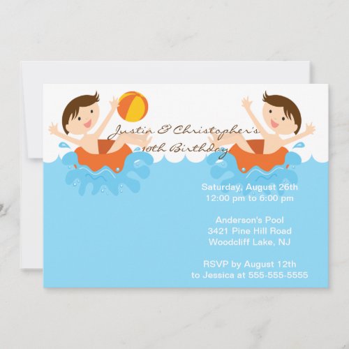 CUTE Twin Boys Pool Party Birthday Invitation
