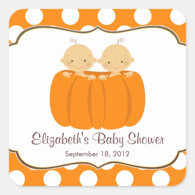 Cute Twin Boys Pumpkin Baby Shower Square Sticker! Sticker (Front)