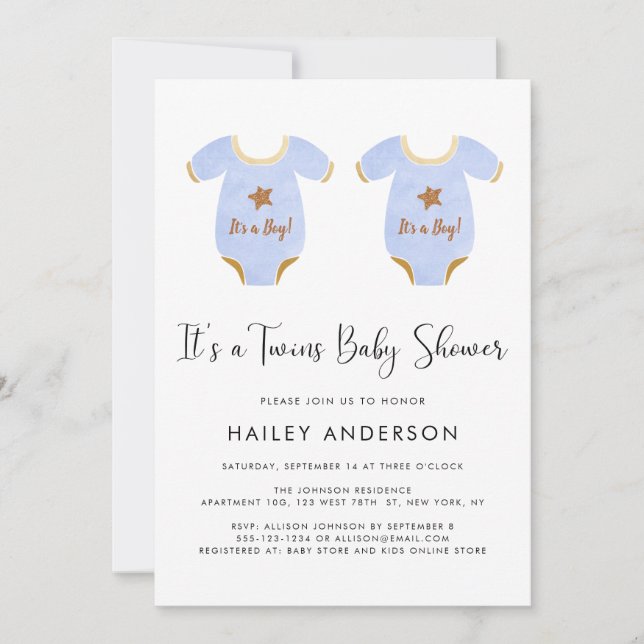 Cute Twin Boys Watercolor Baby Shower Invitation (Front)