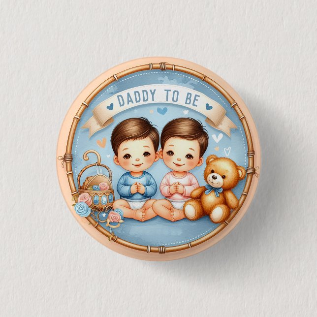 Cute Twin Boys's Baby Shower Daddy To Be Button (Front)