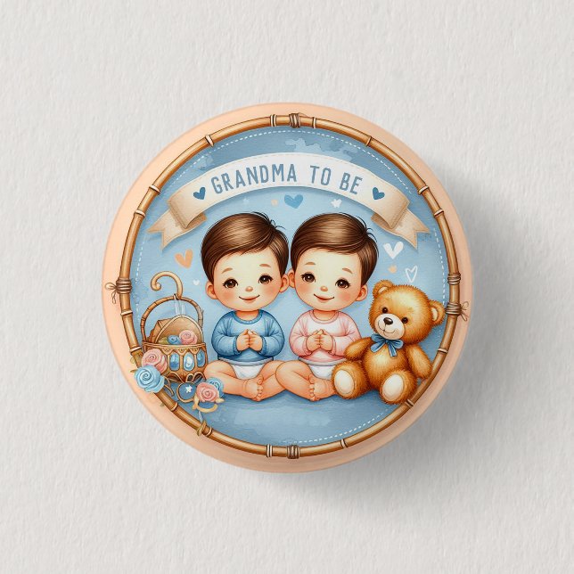 Cute Twin Boys's Baby Shower Grandma To Be Button (Front)